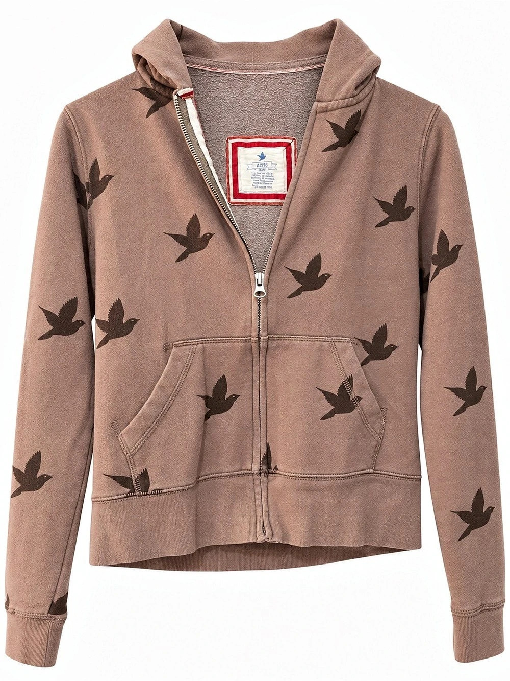 Aerie Bird Print Zip Hoodie in Brown